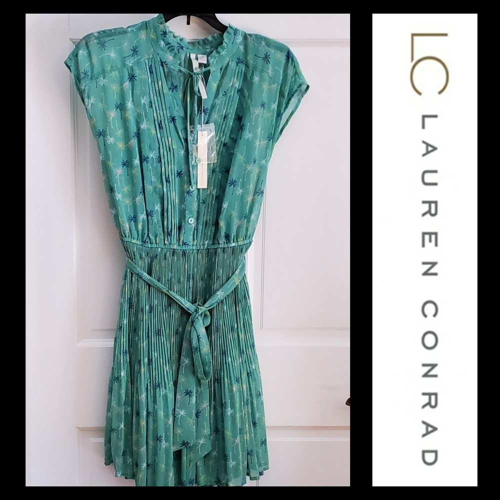 LAUREN CONRAD | Palm Tree Chiffon Pleat Dress NWT